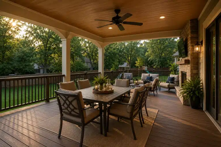 Covered deck with ceiling fan and dining area