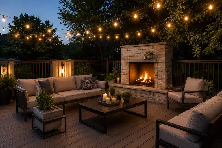 Outdoor entertaining deck with seating and lighting