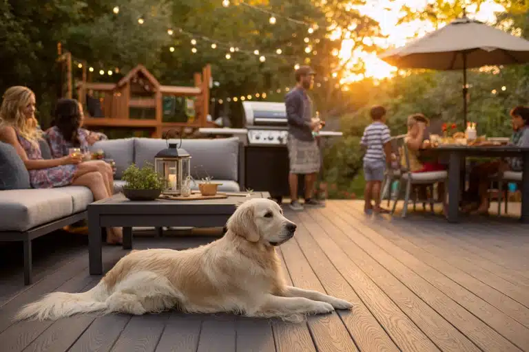 Family enjoying backyard deck space