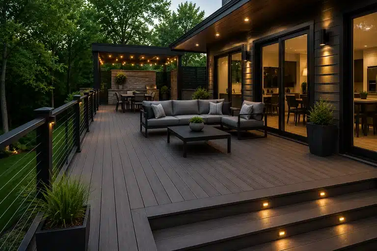 Modern composite deck with contemporary home exterior