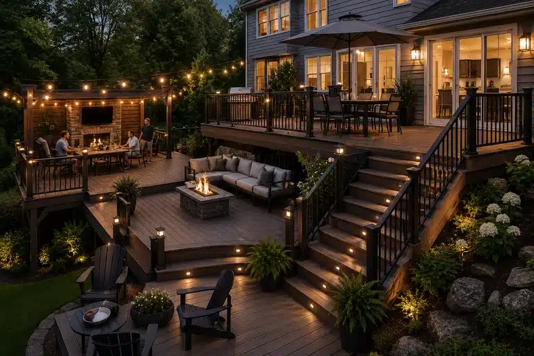 Multi-level deck with stairs and railings