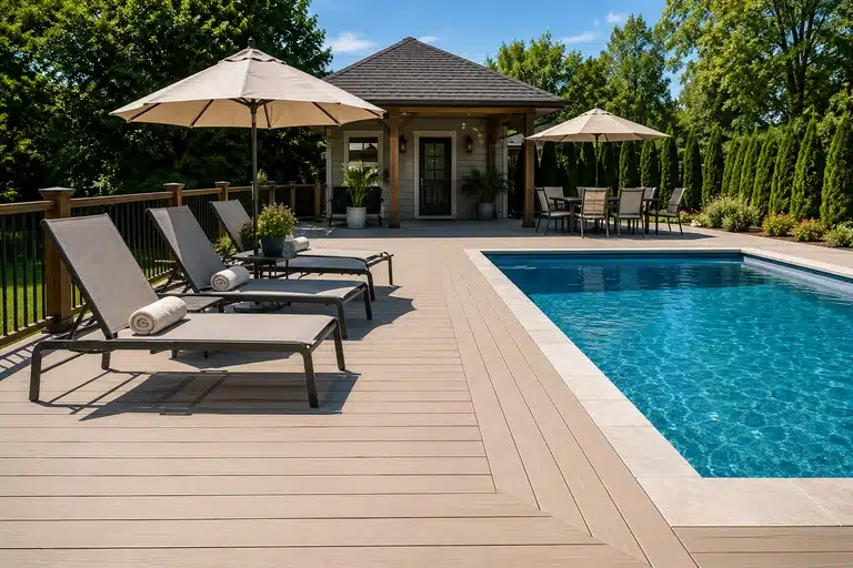 Composite pool deck with lounge chairs